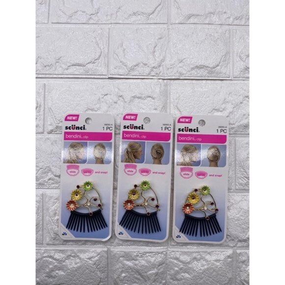 3-Pack Scunci Bendini Hair Clip Medium with Flowers Yellow Pink & Green 39093-A - Picture 2 of 6